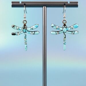 Shirley Martinez Native Stamped Turquoise & White Opal Dragonfly Dangle Earrings